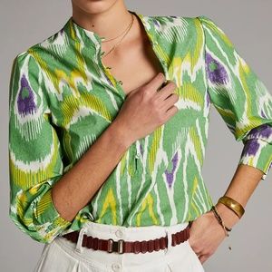 ANTHROPOLOGIE Sharona Henley Blouse - Ikat Design - Organic Cotton Blend